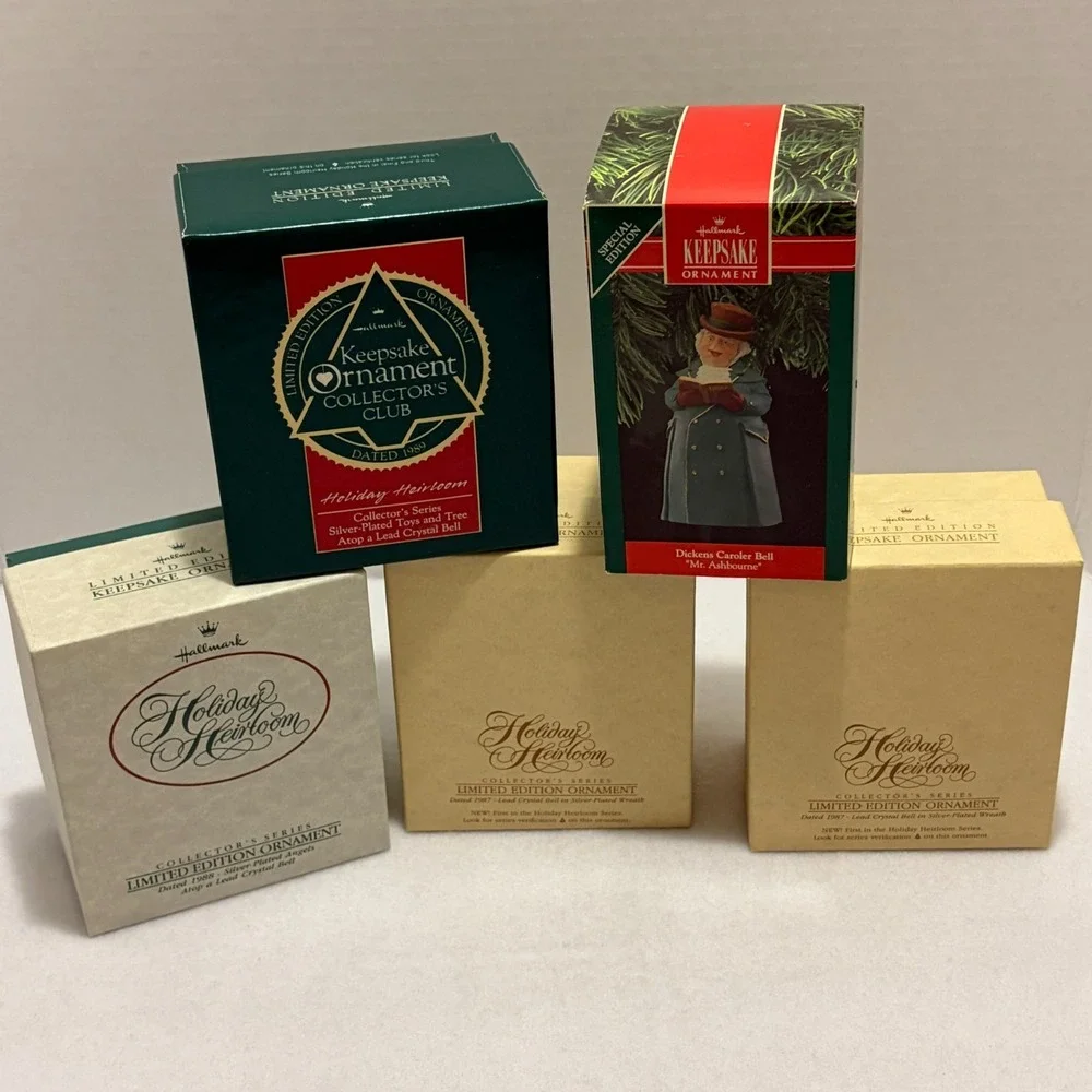 Lot 5 Vintage Hallmark Keepsake Lead Crystal & Porcelain Holiday Dickens Bells